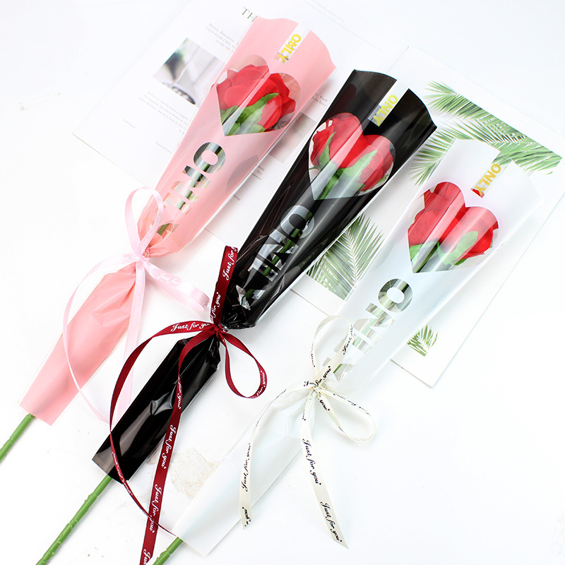 100PCS  Newest Heart Design Flower Wrapping OPP bag single rose plastic flower sleeve