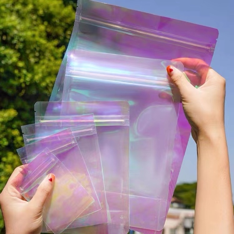 digital printing clear stand up iridescent holographic packaging bag for dried mushroom packaging bag