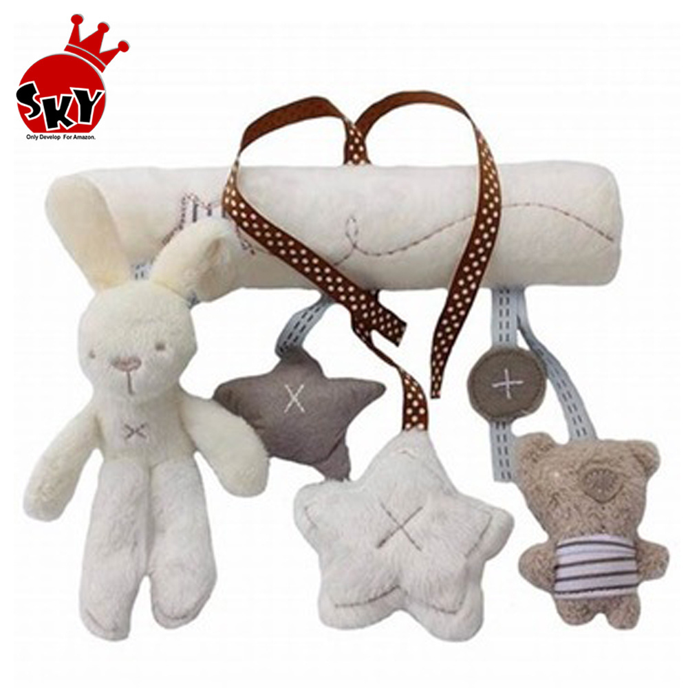 Cheap educational toys education handmade soft plush stuffed toys animal bed bell musical hanging toys for kids