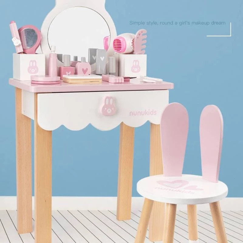 Children Wooden Simulation Dressing Table Princess Pretend Play Makeup Barber Game Toy Girl Play House Gift For Kids