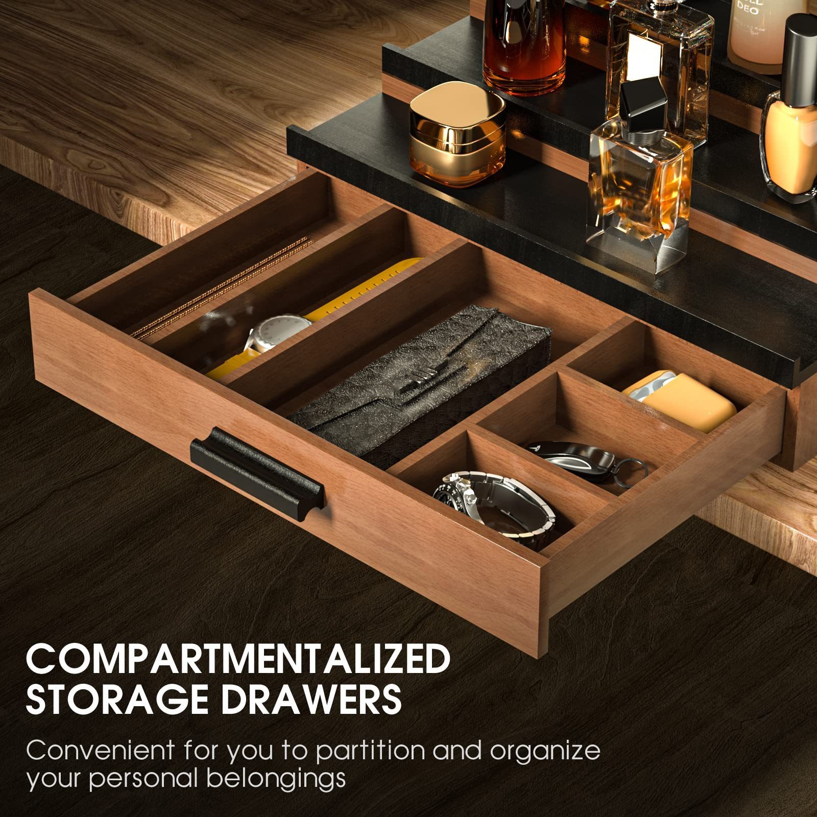 Custom Wooden Cologne Organizer for Men 3 Tier of Elevated Cologne Display Shelf with Drawer Storage Perfume Organization