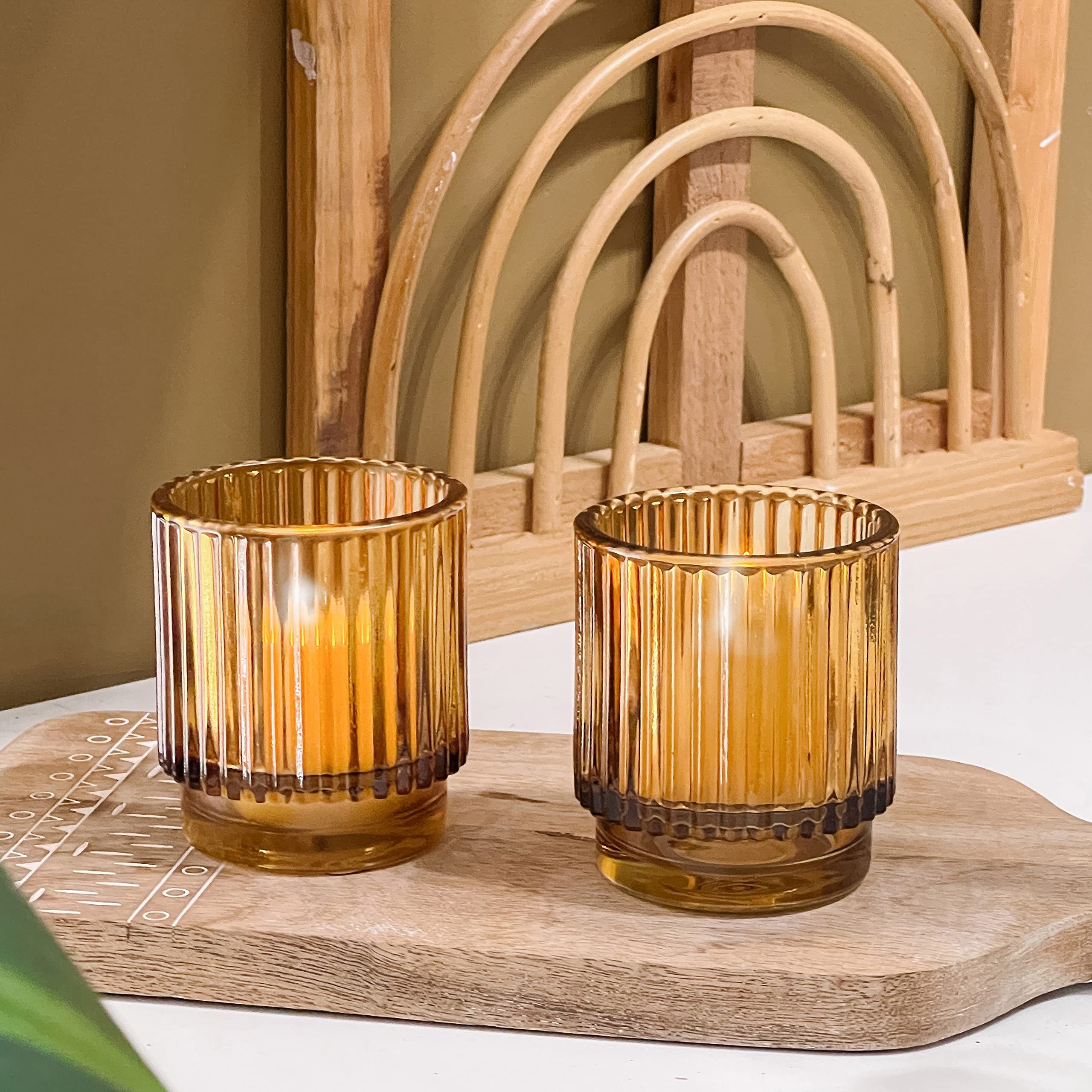 6PCS/Set Vintage Ribbed Amber Glass Tealight & Votive Candle Holders Empty Glass Candle Jar For Home Decoration