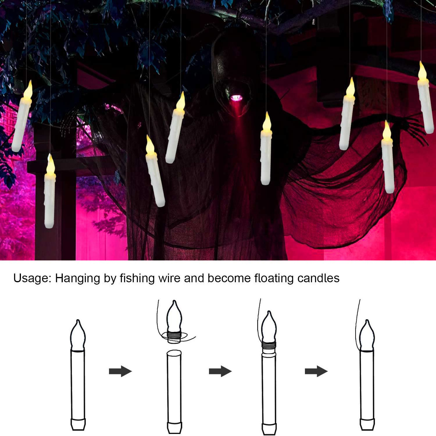 12PCS/Set Halloween Decoration Battery Operated Hanging Window Candles Flameless Candles With Magic Wand Remote Floating Candles