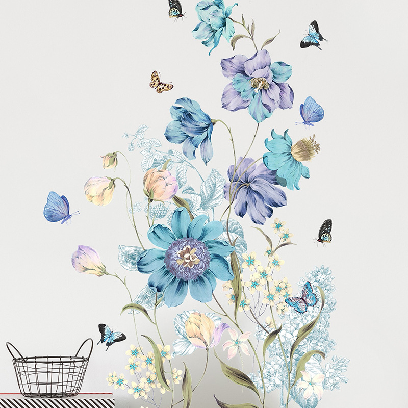 Plants and flowers Wall Stickers for Living Room Blue and Purple Flowers Butterfly Wall Stickers Home Decoration