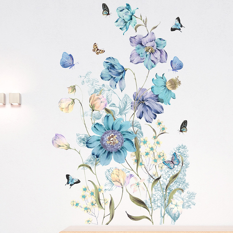 Plants and flowers Wall Stickers for Living Room Blue and Purple Flowers Butterfly Wall Stickers Home Decoration