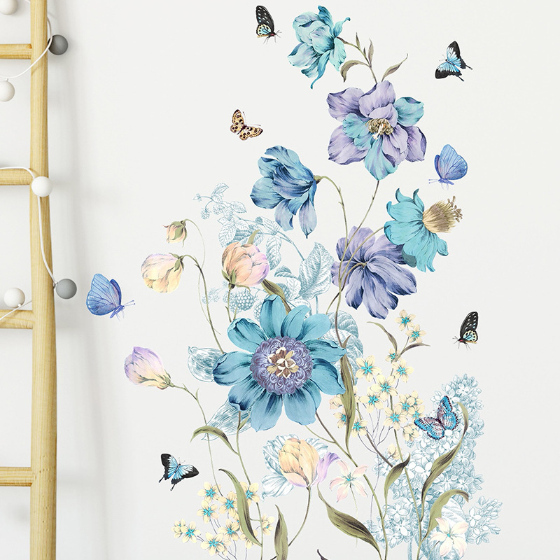 Plants and flowers Wall Stickers for Living Room Blue and Purple Flowers Butterfly Wall Stickers Home Decoration