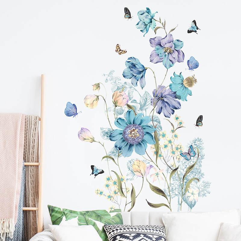 Plants and flowers Wall Stickers for Living Room Blue and Purple Flowers Butterfly Wall Stickers Home Decoration