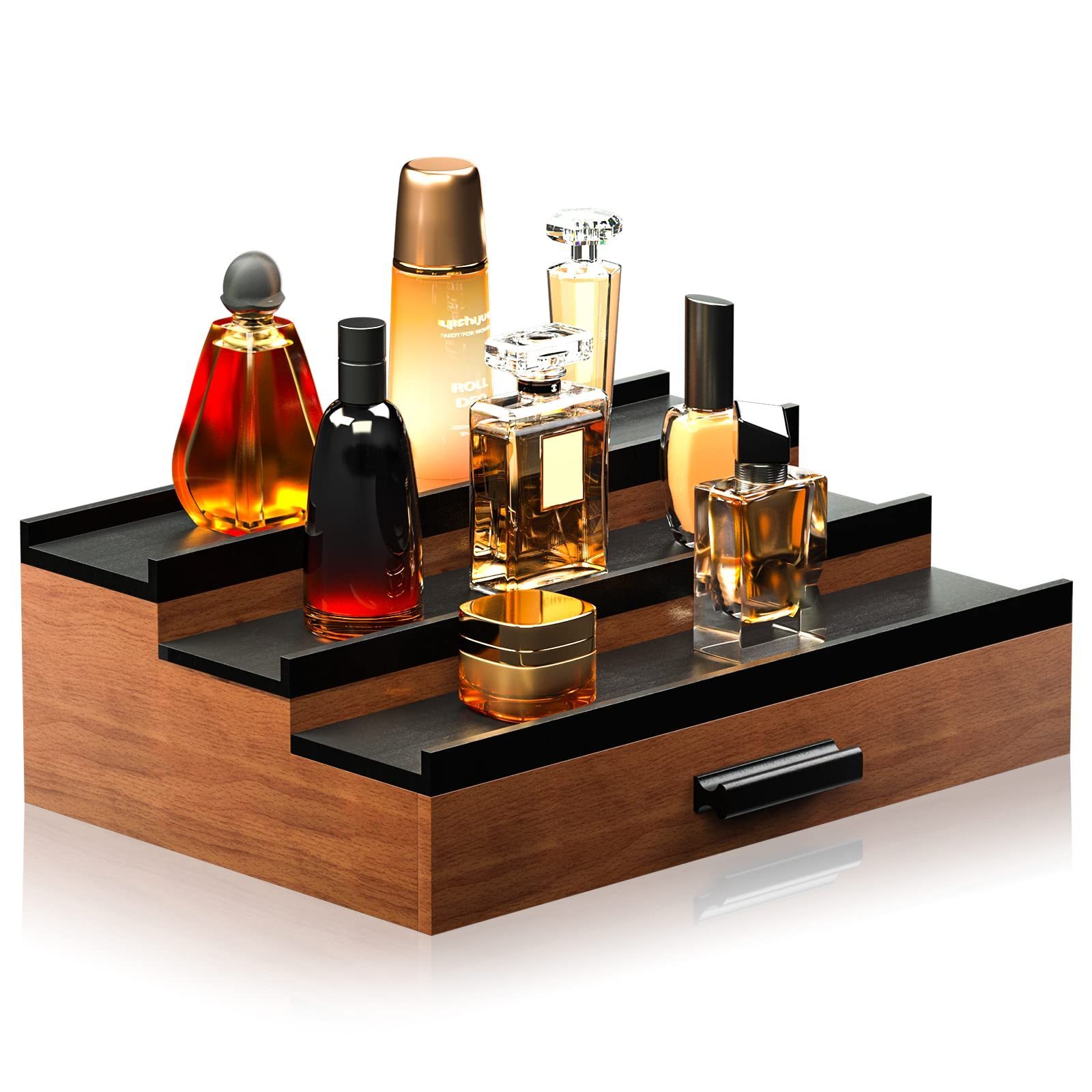 Custom Wooden Cologne Organizer for Men 3 Tier of Elevated Cologne Display Shelf with Drawer Storage Perfume Organization