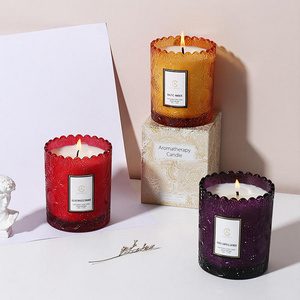 Wholesale Luxury High Quality Aromatherapy Soy Wax Multi Color Glass Embossed Candle Jars Scented Custom Candles