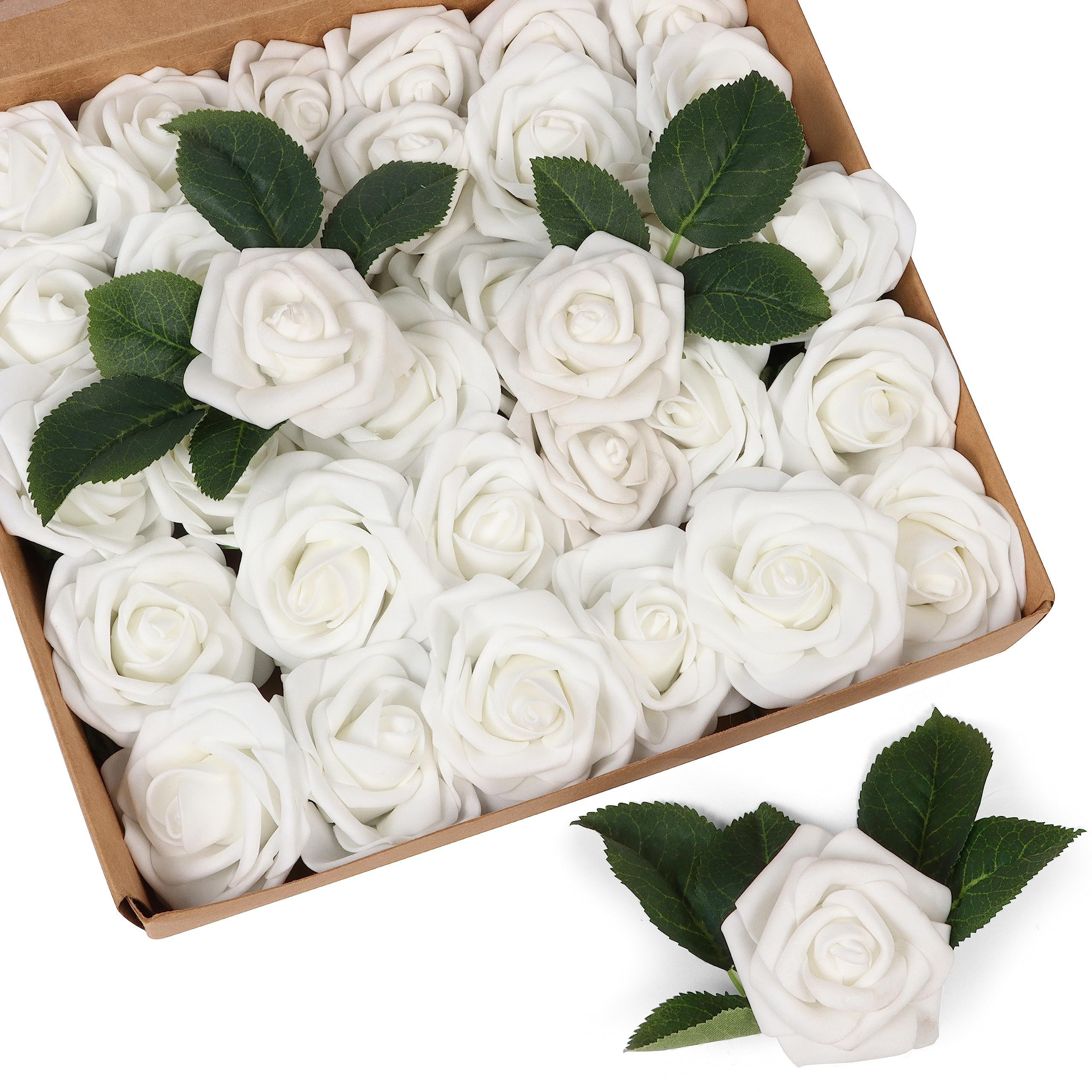 DIY Wedding Bouquets White Bridal Shower 50PCS/Set Artificial Flowers Real Looking Ivory EVA Fake Roses With Stems