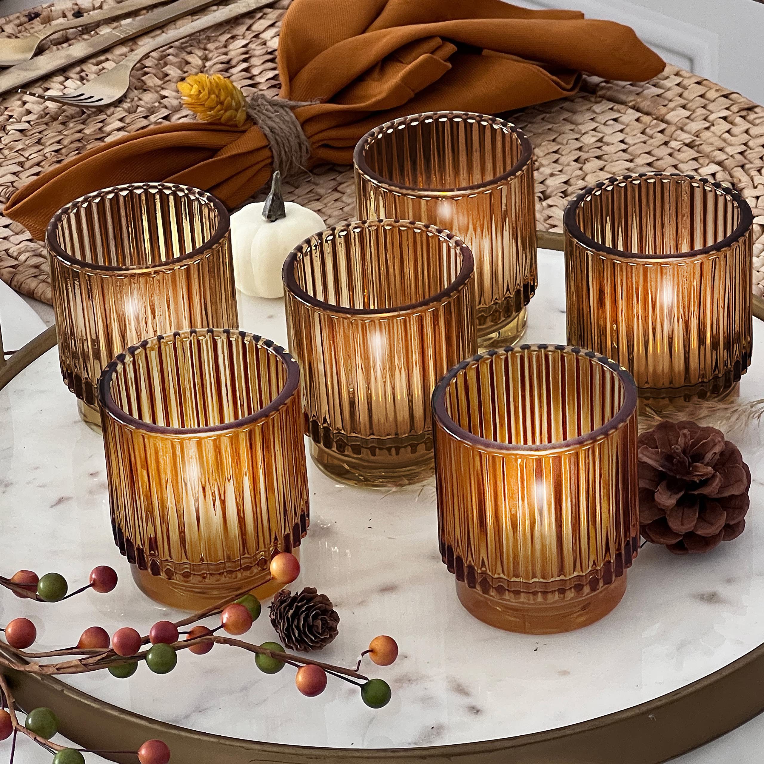 6PCS/Set Vintage Ribbed Amber Glass Tealight & Votive Candle Holders Empty Glass Candle Jar For Home Decoration