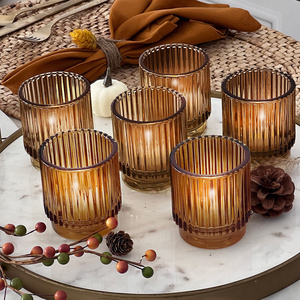 6PCS/Set Vintage Ribbed Amber Glass Tealight & Votive Candle Holders Empty Glass Candle Jar For Home Decoration