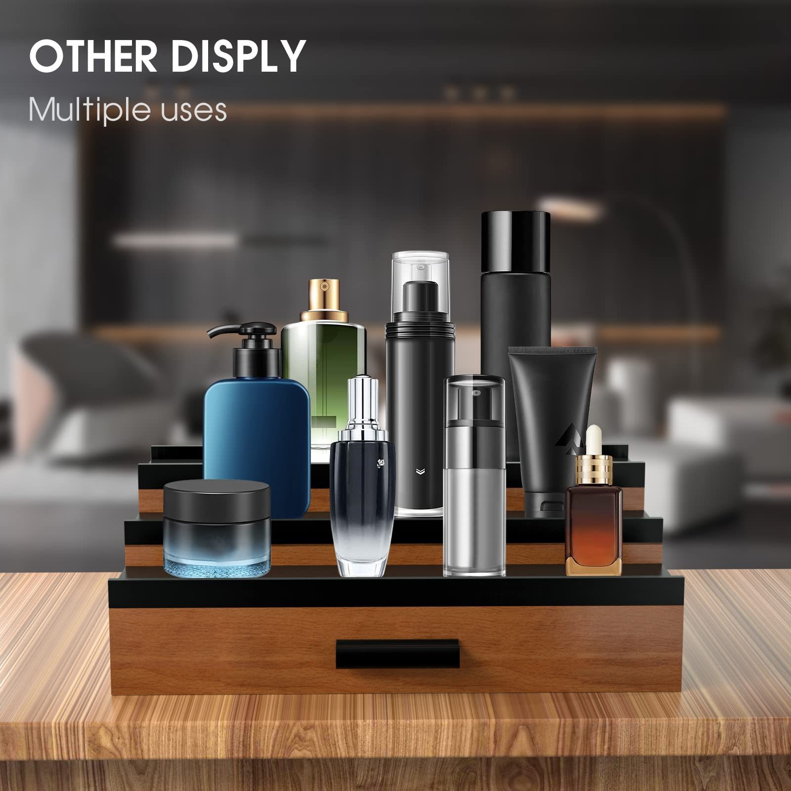 Custom Wooden Cologne Organizer for Men 3 Tier of Elevated Cologne Display Shelf with Drawer Storage Perfume Organization