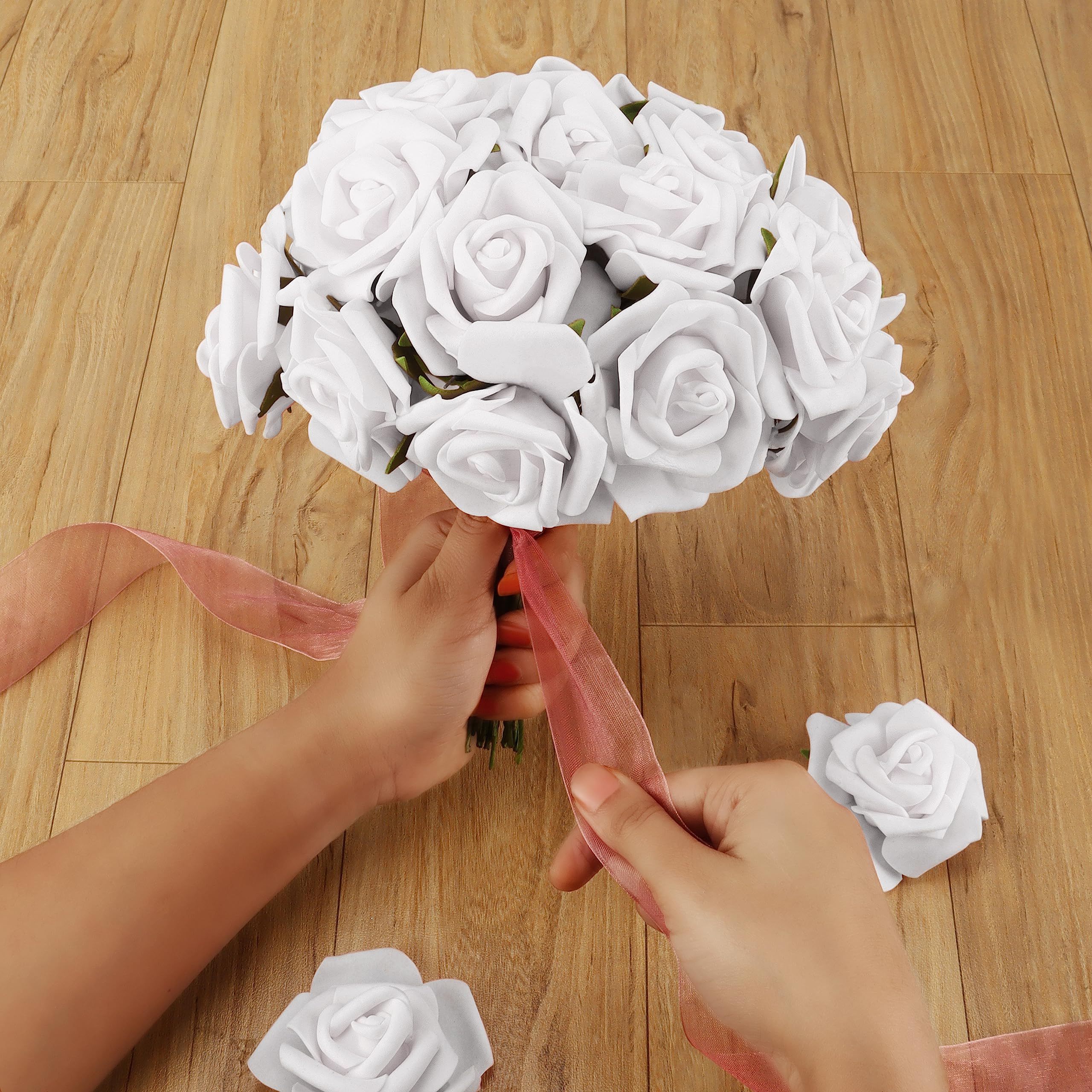 DIY Wedding Bouquets White Bridal Shower 50PCS/Set Artificial Flowers Real Looking Ivory EVA Fake Roses With Stems