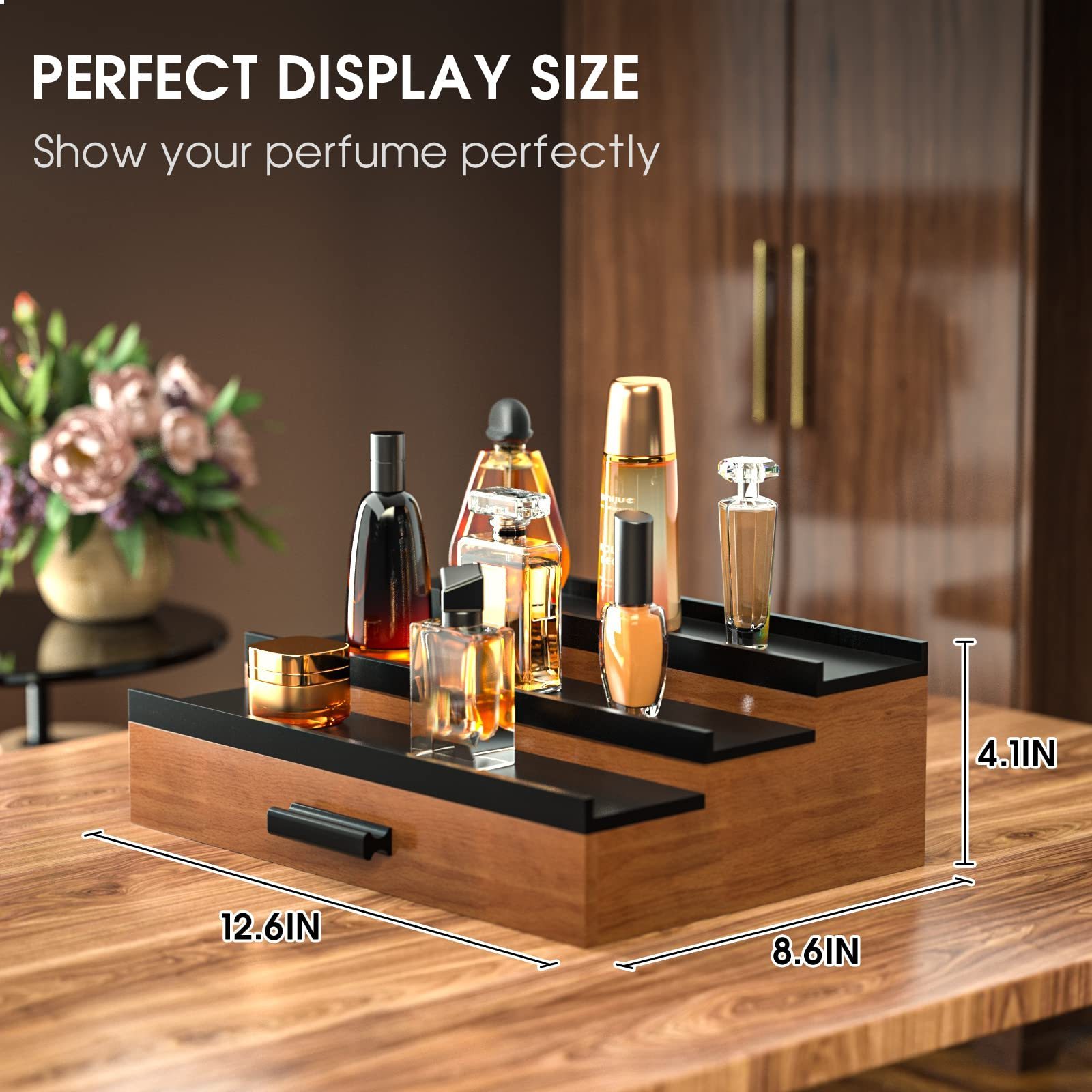 Custom Wooden Cologne Organizer for Men 3 Tier of Elevated Cologne Display Shelf with Drawer Storage Perfume Organization