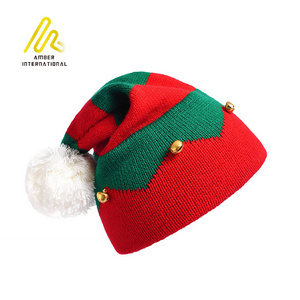 New Arrival Kids Adults Stripe Bell Elf Christmas Warm Knitted Hat with Pom Pom