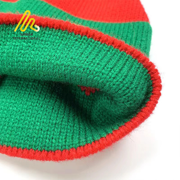 New Arrival Kids Adults Stripe Bell Elf Christmas Warm Knitted Hat with Pom Pom