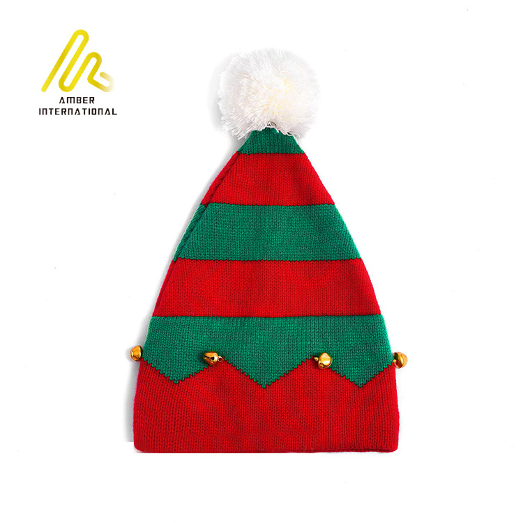 New Arrival Kids Adults Stripe Bell Elf Christmas Warm Knitted Hat with Pom Pom