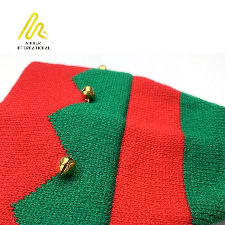 New Arrival Kids Adults Stripe Bell Elf Christmas Warm Knitted Hat with Pom Pom