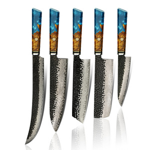 YangJiang Amber Knife 67 layers Damascus AUS-10 Steel  Resin Burl Handle Kitchen Knife Set