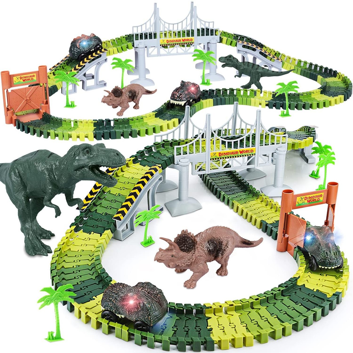 156 pieces hot-selling electric mini racing car dinosaur slot toys dinosaur world road racing flexible slot track toy set