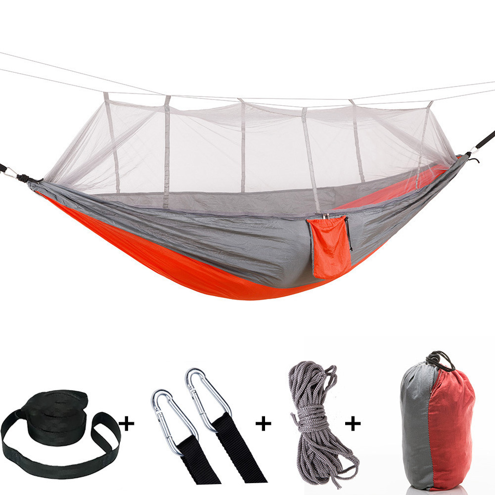 Hot Selling Anti-rollover Nylon Single Double Light Parachute Cloth Hammock Swing with Mosquito Net Outdoor Hammock