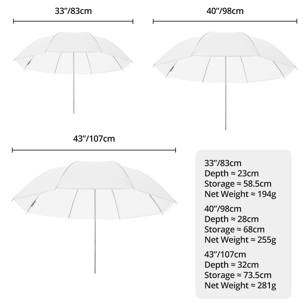 AMBITFUL 83cm 98cm 107cm Translucent Umbrella White Soft Diffuser Studio Photography Umbrella for Studio Flash Strobe Lighting