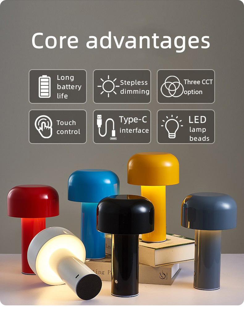 Cordless Kids Children Bedside Touch Dimming USB Rechargeable LED  Wireless Table Mushroom Lamp Light