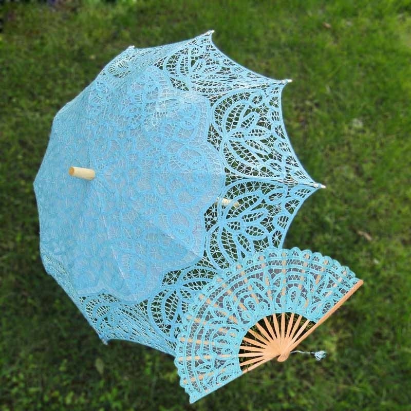 Ameliebridal Handmade Bridal Battenburg Lace Parasol and Fan set Bride Umbrella for Birthday Shower Wedding Party Decora