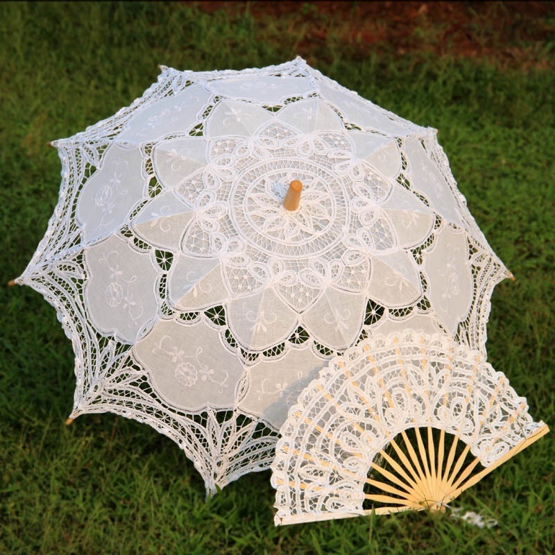 Ameliebridal Handmade Bridal Battenburg Lace Parasol and Fan set Bride Umbrella for Birthday Shower Wedding Party Decora