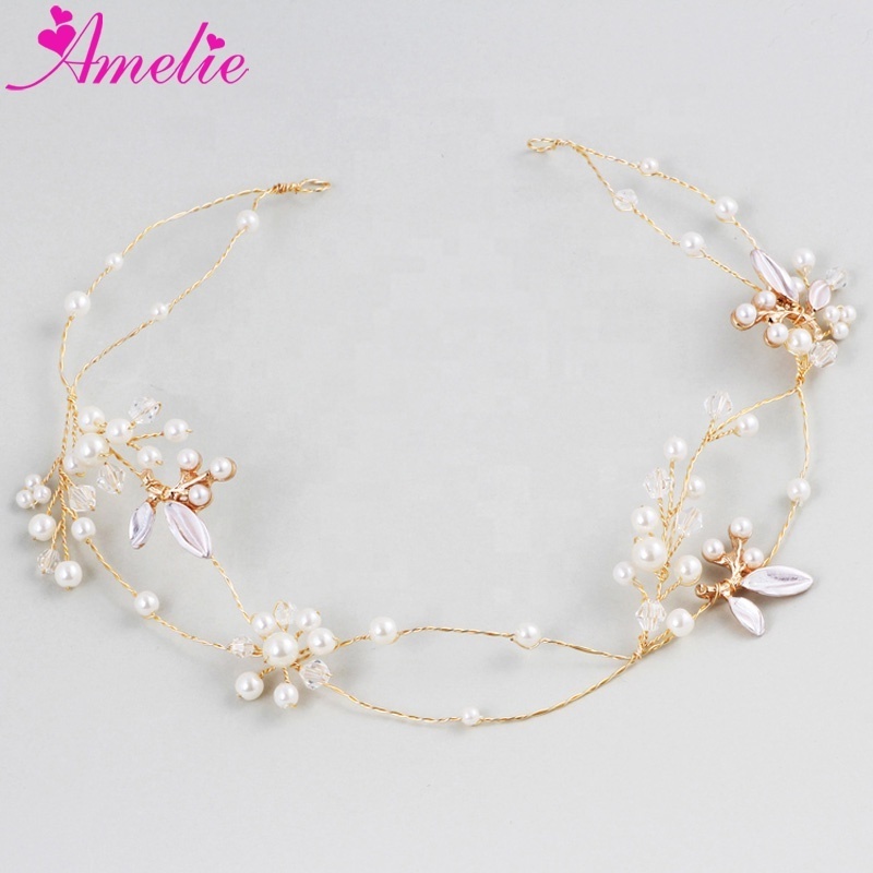 AmelieDelicate Crystal Imitation Pearls Women Headband Tiara Hair Accessories Band Wedding Jewelry Headpiece Bridal