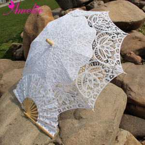 Handmade Vintage Party Decoration Wedding Bridal Lace Parasol and Fan Set Wedding Umbrella Fan