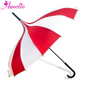 Stripe Classic Style Hand-sewed Pongee Fabric Sun Pagoda Umbrella White/Red Wedding Parasol