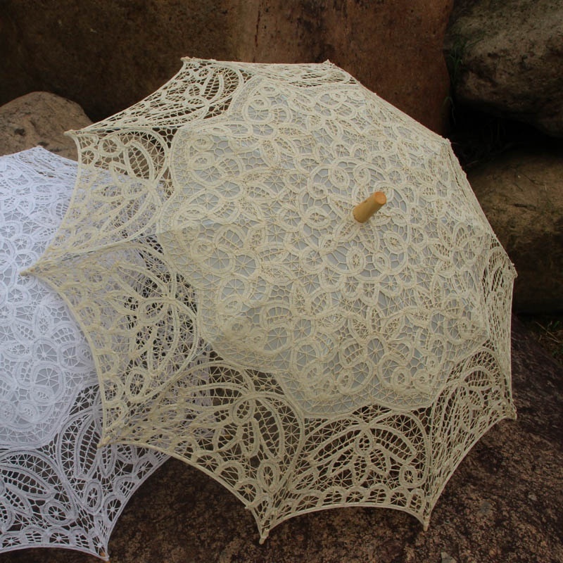 Fashionable Woman Sun Protection Umbrella Parasols Manual Open Wood Straight Bridal Umbrella Wedding Decoration Lace Parasol