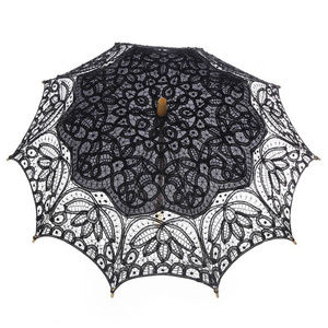 Fashionable Woman Sun Protection Umbrella Parasols Manual Open Wood Straight Bridal Umbrella Wedding Decoration Lace Parasol