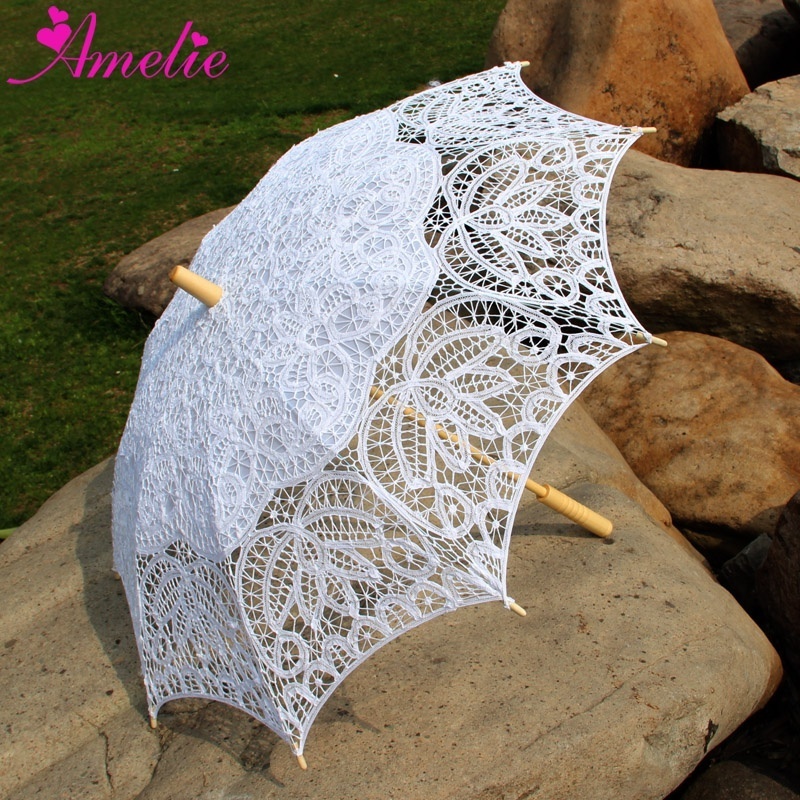 Fashionable Woman Sun Protection Umbrella Parasols Manual Open Wood Straight Bridal Umbrella Wedding Decoration Lace Parasol