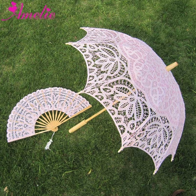 19 Century Popular Steampunk Style Handmade Battenburg Lace Parasol Lace Fan Set Wedding Umbrella