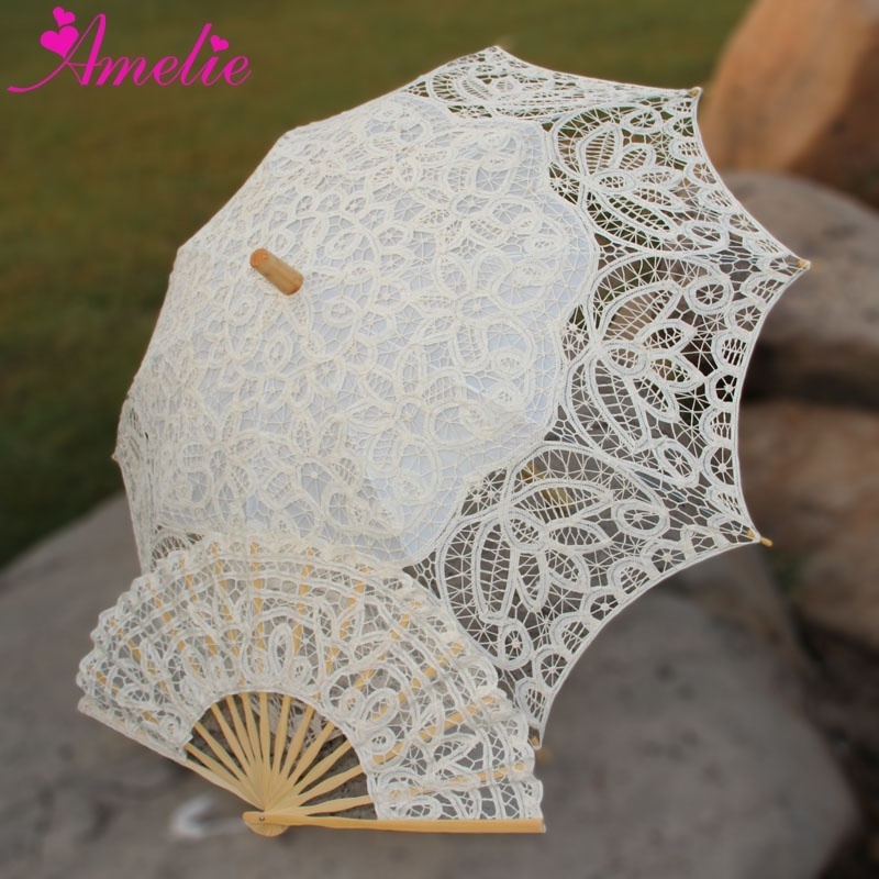 19 Century Popular Steampunk Style Handmade Battenburg Lace Parasol Lace Fan Set Wedding Umbrella