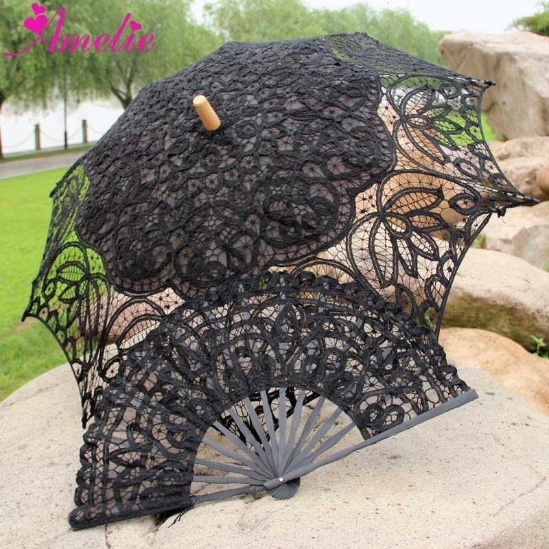 19 Century Popular Steampunk Style Handmade Battenburg Lace Parasol Lace Fan Set Wedding Umbrella