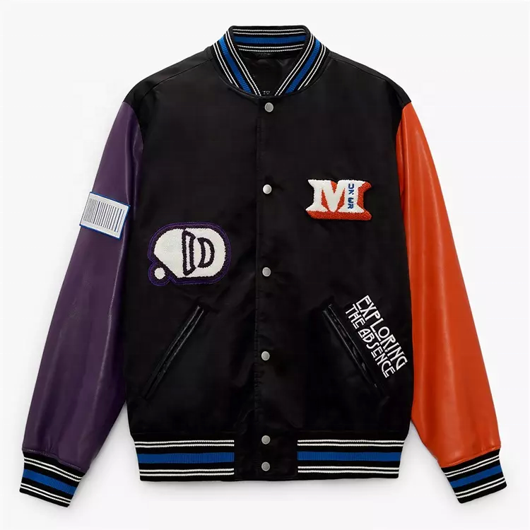 Wholesale 2022 OEM Customized patch chenille embroidery leather sleeve silk satin letterman jacket for men