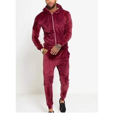 Zipper Up Plain Maroon Color Winter Hooded Sports Velvet Tracksuits Sweatsuits 2piece set Jogging Fitness Blank Velour Tracksuit