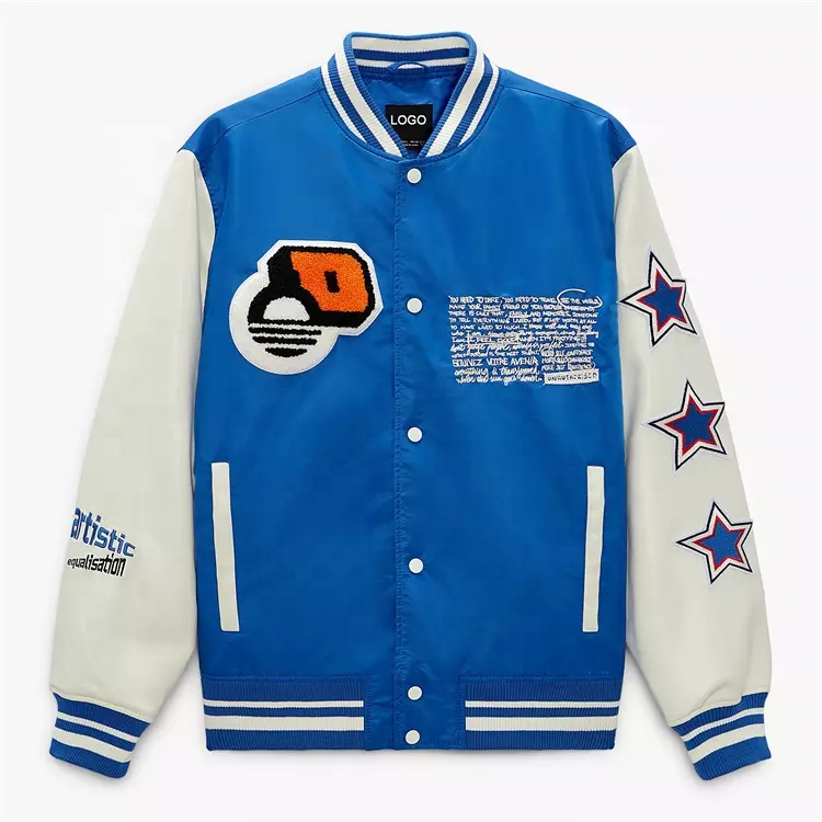 Wholesale 2022 OEM Customized patch chenille embroidery leather sleeve silk satin letterman jacket for men