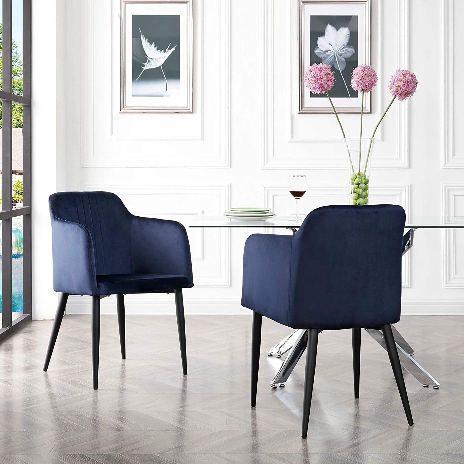 Modern Luxury Velvet Metal Leg Restaurant Wide Armchair Accent Dining Room Chairs Set Of 2 For Dining Table