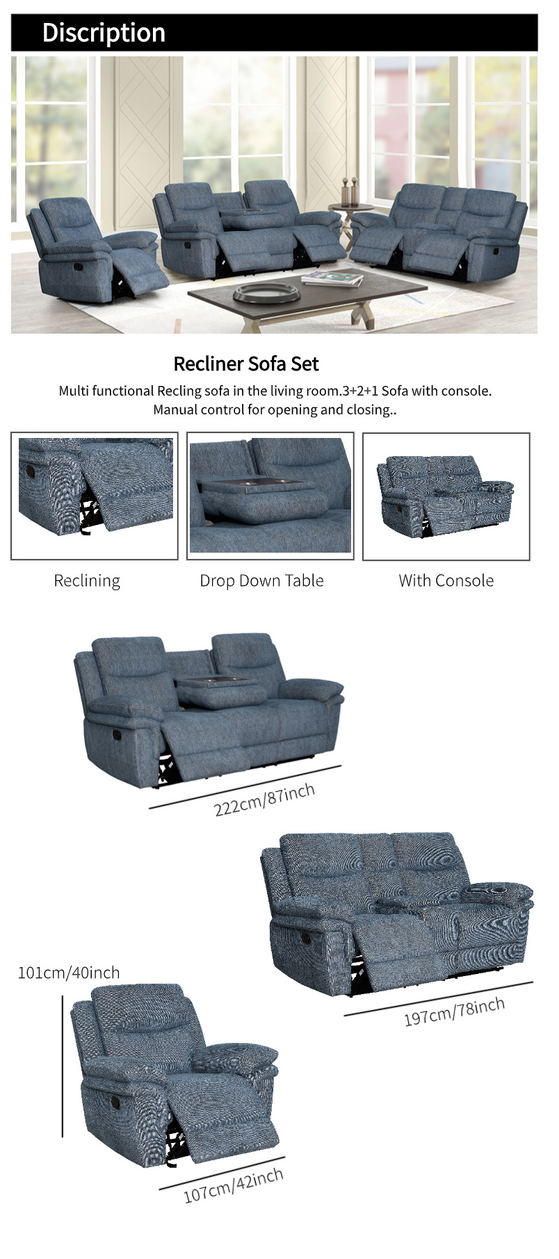 Modern furniture glider chair sofa set recliner 321 seater power reclining sectional sofa