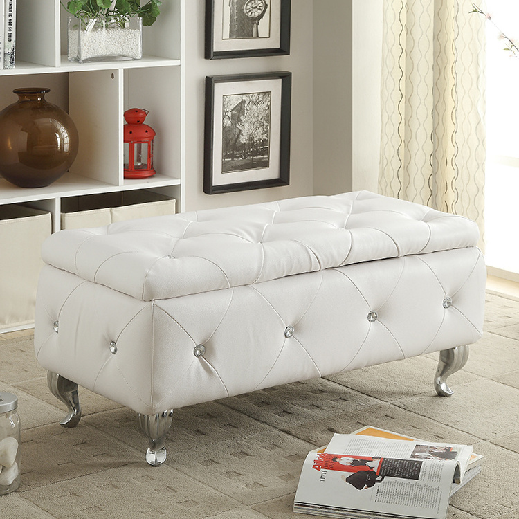 Tufting And Crystal Leg Bedroom Leather Shoe Upholstered Storage Bench Ottoman