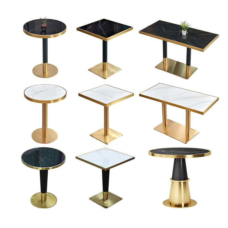 Modern cafe room Fast Food dining table Gold stainless steel base Marble Top restaurant table and chair