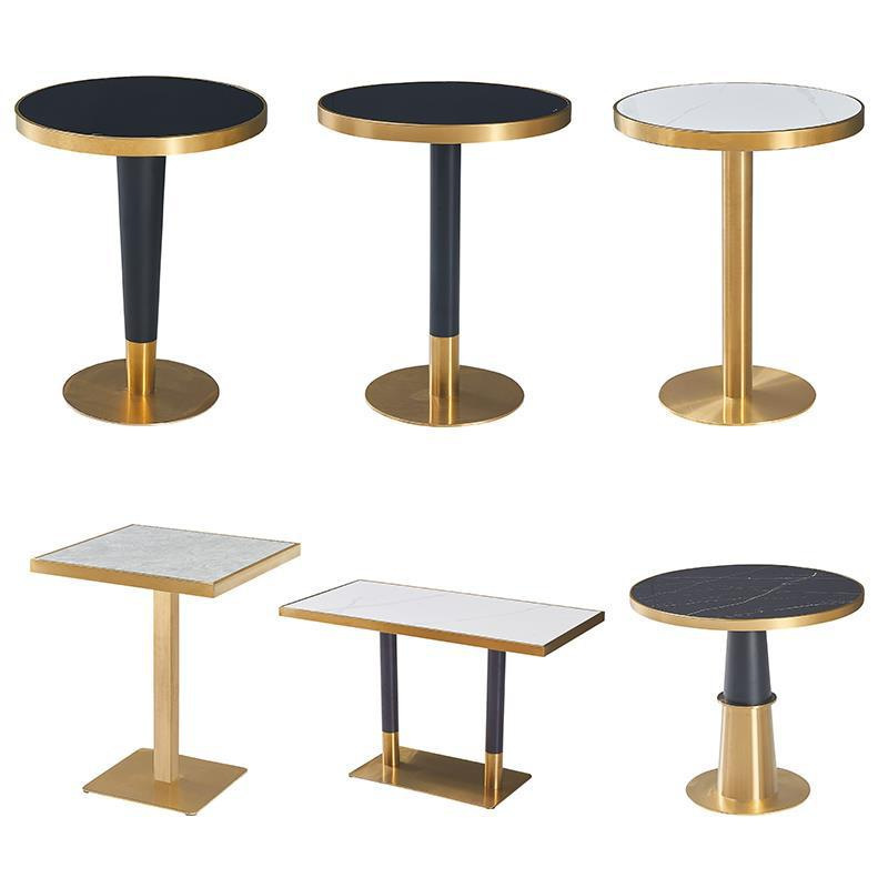 Modern cafe room Fast Food dining table Gold stainless steel base Marble Top restaurant table and chair