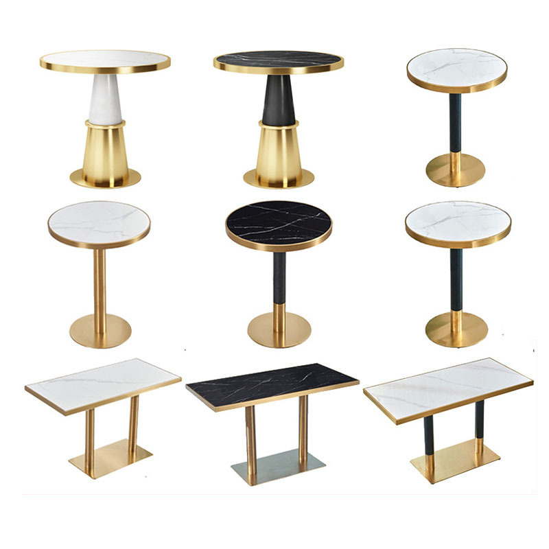 Modern cafe room Fast Food dining table Gold stainless steel base Marble Top restaurant table and chair