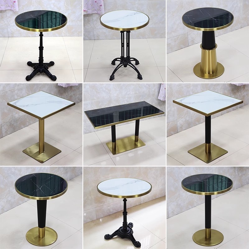 Modern cafe room Fast Food dining table Gold stainless steel base Marble Top restaurant table and chair