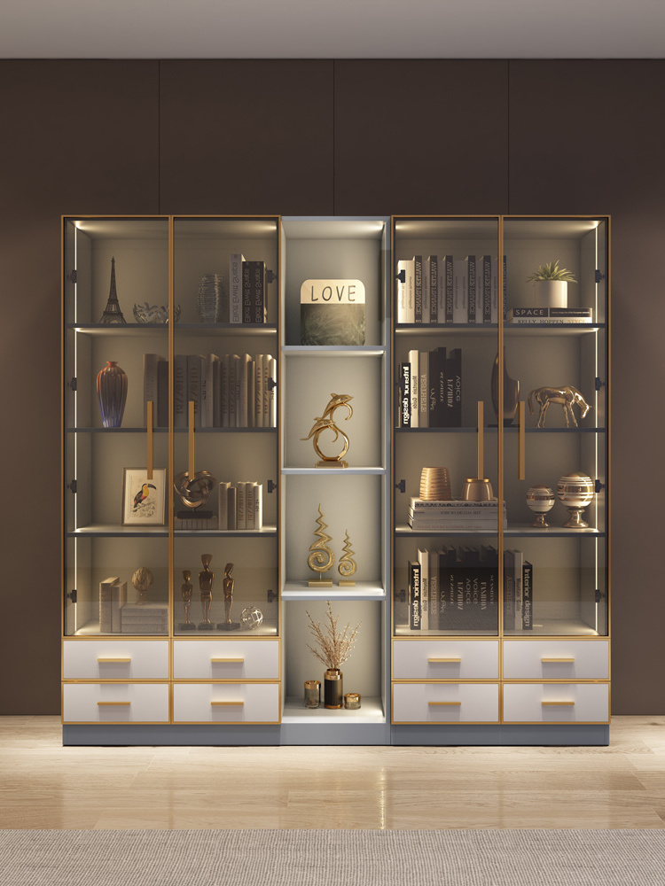 modern classic clear glass and acrylic 5 shelf stainless steel display open bookcase in gold